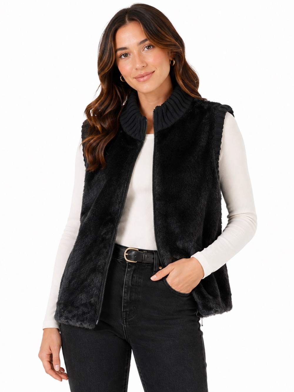 Carolina Colours Black Faux Fur Sweater Vest Size Medium
